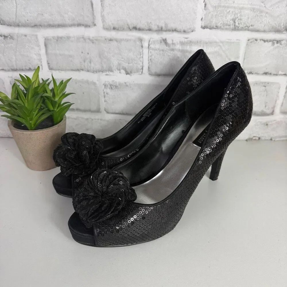 WHBM Black Sequin Peep Toe Heels Size 8.5